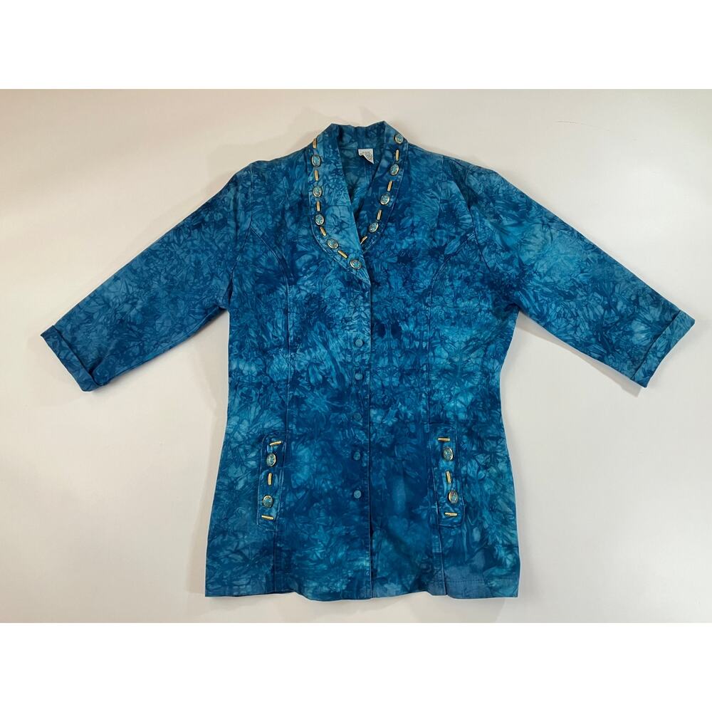 Vintage Denim Women M Teal Blue Acid Wash Jacket Faux Turquoise Gold